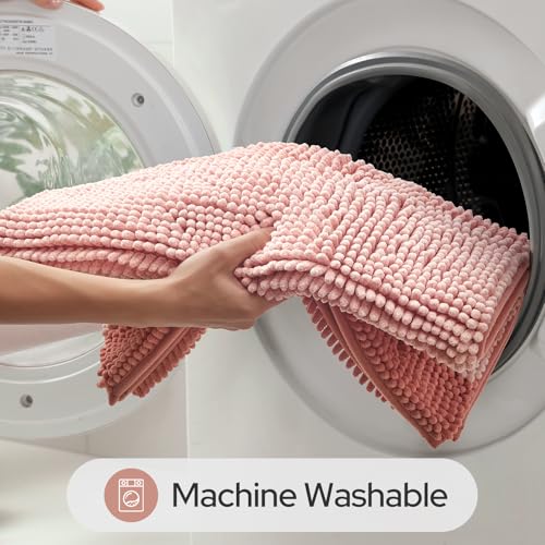 HOMEIDEAS Pink Bathroom Rugs Set of 2, Thick Absorbent Chenille Bath Mats, Non-Slip Soft Shaggy Rugs for Bathroom Floor, 20" x 32" & 17" x 24" - color: Pink