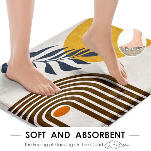 Boho Mid Century Shower Curtain Set with Toilet Lid Cover and Non-Slip Rugs, Modern Abstract 4 Pcs Yellow Sun Minimalist Shower Curtain for Bathroom Set with 12 Hooks - color: Mid Century 4