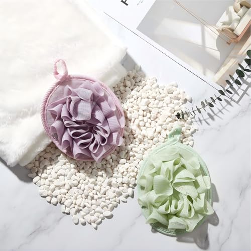 Boao 6 Pcs Bath Shower Pouf Sponge Mesh Pouf Shower Ball Exfoliating Body Sponge Pad Scrubber Glove with Flower Bath Ball (Beige,Green,Purple) - style: Beige,Green,Purple
