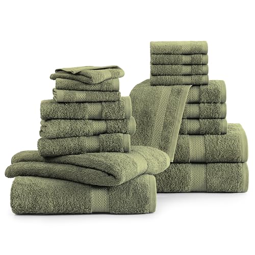LANE LINEN 100% Cotton Bath Towel Set of 18 - Softer, High Absorbency & Durable - 4 Bath, 8 Wash Cloth, 6 Hand Towels for Bathroom - Premium Look, Spa Quality, Solid Dyed Towels - Oil Green - color: 07: Oil Green, size: 18 Piece Towel Set