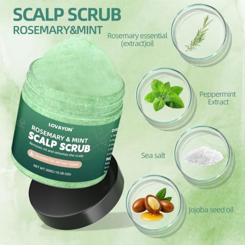 Rosemary Scalp Scrub & Exfoliator for Fuller Hair - Sea Salt & BHA Scalp Treatment with Silicone Massager Brush - Deep Cleanser for Oily Roots, 10.58oz