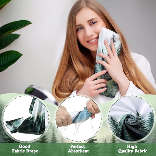 FuWeave 8 Pcs Green Forest Shower Curtain Set for Bathroom Decor Include Nature Misty Mountain Woodland Shower Curtain Towels Non Slip Rugs Toilet Lid Cover Bath Mat and 12 Hooks for Bathroom Decor - color: Green Forest