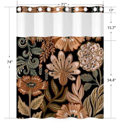 No Hook Boho Shower Curtain and Liner Set 71 x 74 Inch | Tan Botanical Flower Print, Waterproof Fabric Bath Curtain Breathable Mesh Top Window for Farmhouse Bathroom, Hotel Decor - color: Tan