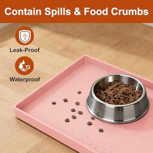 ukeetap Extra Thick Silicone Mat Waterproof with Raised Edge 19” x 12”, BPA Free Non-Slip Dog & Cat Food Mat, Feeding Mat for Food and Water Bowls, Spill Proof Mat to Protect Floors, Pink - color: Pink, size: 19"L x 12"W