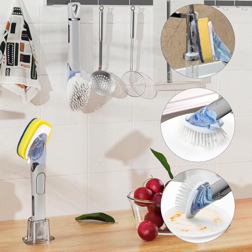 Dish Brush with Soap Dispenser Storage Set with 2 PCS Brush Refills & Holder, Dish Scrubber with Soap Dispenser, Dish Soap Brush, Dish Wand with Soap Dispenser for Dishes, Pans, Sink, Pots(Gray) - color: Gray