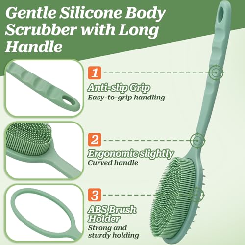 Silicone Back Washer for Shower, Gentle Exfoliating Body & Back Scrubber with Handle, Silicone Loofah with Two Dual-Side & Replaceable Brush Heads(Green-Two Heads) - color: Green-two Heads