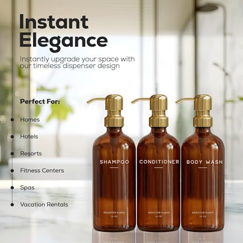 Luxury Shampoo and Conditioner Dispenser Set by Brighter Barns - Empty Shampoo Bottles Refillable with Gold Pump - Plastic Shower Soap Dispenser for Modern Bathroom Decor in Airbnb, Spa (Amber Gold) - color: Amber Gold