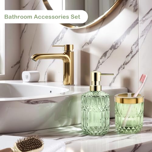 2Pcs Green Bathroom Accessories Set, Glass Bathroom Accessories, Vintage Bathroom Countertop Decoration Includes Soap Dispenser, Toothbrush Holder - color: Green, size: 2 Pcs