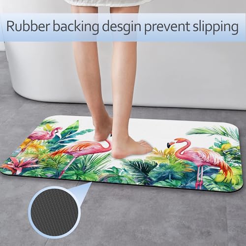 Flamingo Bathroom Rug 29.5"x17", Tropical Flowers Leaves Quick-Drying Super Absorbent Diatomite Bath Mat with Non-Slip Backing, Thin Washable Bathroom Floor Mat Fits Under Door for Shower, Sink - color: Flamingo Tropical Flowers Leaves