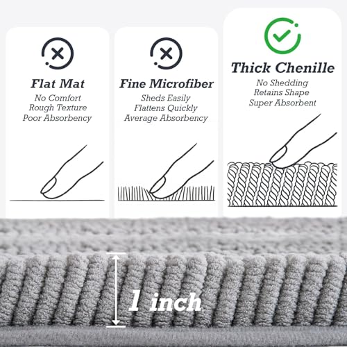 HUXMEYSON Bathroom Rugs Set 2 Piece, Ultra Absorbent Chenille Non Slip Bathroom Mat Set - 20'' x 24'' U-Shaped Contour Toilet Rug & 17'' x 24'' Extra Soft Plush Bath Mat - Machine Washable, Grey - color: Grey, size: 24" x 17" + U Shape 24" x 20"