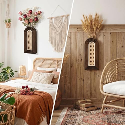 Dnnnii 2 Pack Wooden Wall Vase Set - Dark Brown Finish Hollow Rattan Modern Farmhouse & Boho Wall Decor for Entryway, Hallway, Bathroom, Living Room, Dining Room, Narrow Spaces - color: Rattan-dark Brown