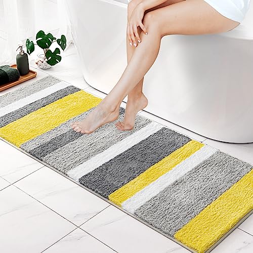 MIULEE Yellow Grey Runner Bathroom Rug 24x60 Inch, Long Soft Thick Microfiber Striped Bath Mat, Non Slip Fluffy Plush Machine Washable Quick Dry for Bathroom Decor, Floor Tub and Shower - size: 2' x 5' (Rectangular)
