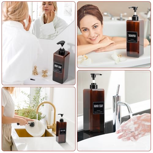 Segbeauty 33.8oz Amber Soap Dispenser Bathroom, 3pcs Plastic Soap Dispenser with Labels, Pump Bottles for Shampoo and Conditioner, 1000ml Large Square Lotion Pump Bottle Refillable Body Wash Container - color: Amber, style: 3pcs