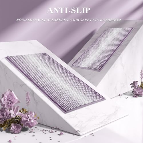 BSICPRO Bathroom Rugs Sets 3 Piece, Toilet Rugs U-Shaped Contour Bath Mat Set, Striped Absorbent Non Slip Chenille Shower Mat, Lavender Purple - color: Lavender Purple, size: 20"x32"+16"x24"+U Shape 20"x24"