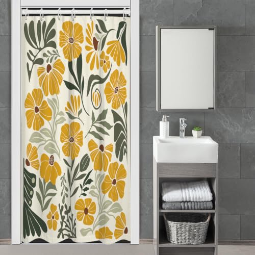 Boho Vintage Floral Shower Curtain Stall Small Short 36x72 Inch, White Yellow Farmhouse Bohemian Flower Botanical Pattern, Retro Plant Abstract Polyester Fabric Mini Bathroom Decor, 7 Hooks - color: Yellow, size: 36"W x 72"L (Pack of 1)