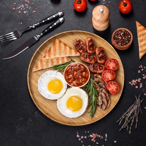 Premium Bamboo Round Tray - Natural Multipurpose Wood Serving Platter for Grilling, BBQ, Tea, Coffee & Ottoman Decor - 12"