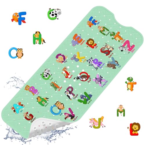 XIYUNTE Baby Bath Mat for Tub Non Slip Kids Bath Mat - 40''x16'' Extra Long Cartoon Bathtub Mat Non Slip Kids Shower Mat Eco-Friendly Toddler Bath Mats with Suction Cups, Machine Washable - color: I-green Alphabet