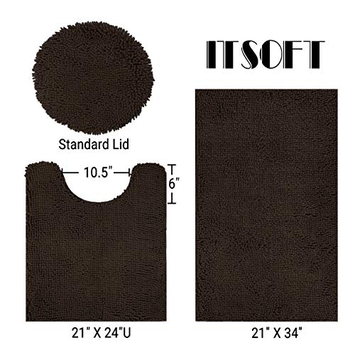 ITSOFT Standard 3pc Non-Slip Shaggy Chenille Bathroom Mat Set, Includes 24"x21" U-Shaped Contour Toilet Rug, 34"x21" Bathmat and 1 Toilet Lid Cover, Chocolate Brown - color: Chocolate Brown, size: 24''x21’’, 34’’x21’’ and TLC (Set)