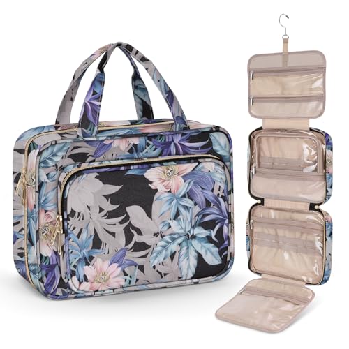 Wedama Toiletry Bag for Women, Large Cosmetic Travel Bag, Hanging Toiletry Bag for Bathroom, PVC Waterproof Makeup Bag, Toiletries Bag for Travel Business Trips and Camping, Black+Brown Floral - color: Black+Brown, size: Large, style: Minimalist