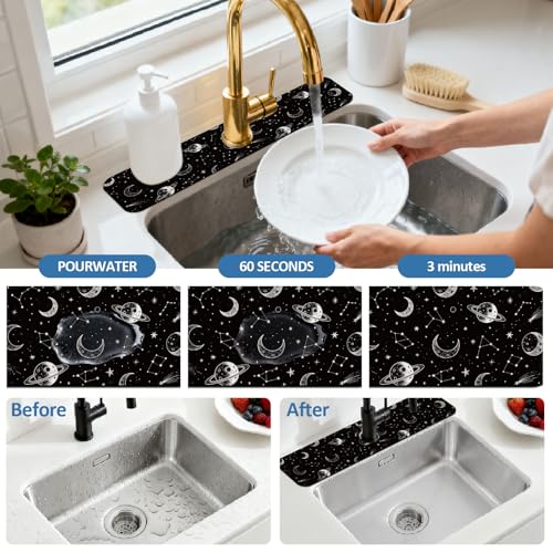 2 Pcs Kitchen Sink Splash Guard Faucet Mat Stars Moon Pattern Faucet Mat for Sinks Absorbing Drying Mats for Kitchen Bathroom - color: Stars Moon Pattern