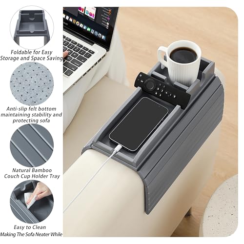 Bamboo Couch Cup Holder Arm Tray，Foldable Couch Drink Holder Armrest Table，Sofa Arm Rest Tray，Flexible Arm Chair Table Recliners for Drink,Cups, Snacks, Phone, Remote (Grey) - color: Grey