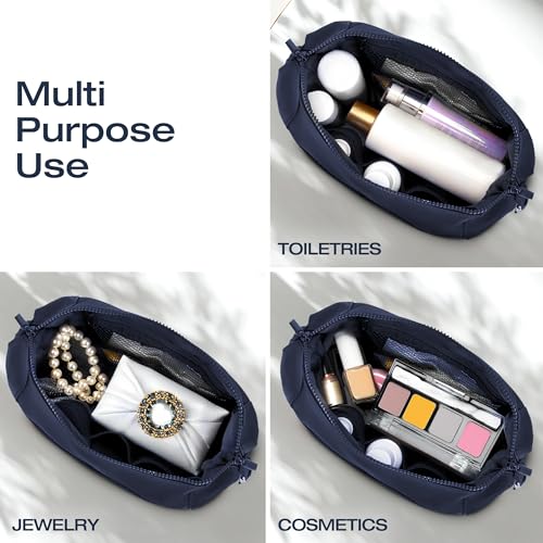 KAZAY Expandable Toiletry Bag with Side Clips for Adjustable Sizing, Premium High-Density Nylon, Open Wide Zipper, Stylish, Water Resistant, Cosmetic Bag, Makeup Bag, Full-Size Bottles, Unisex (Navy) - color: Navy