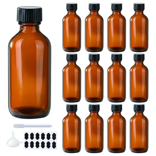 12 Pack 2oz Amber Boston Glass Bottle With Black Poly Cap, Funnel, Chalk Labels, Pen Dispensing Bottles for Homemade Vanilla Extract, Essential Oils, Herbal Medicine, Wedding Christmas Decor - size: 2oz 12Pack
