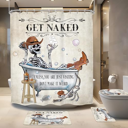 4 PCS Funny Skull Skeleton Shower Curtain Set 72Wx72H Halloween Bathroom Set Western Non-Slip Bath Rug Toilet Lid Cover U Shape Mat Complete Bathtub Accessories with 12 Hooks Bathroom Decor - color: A 02skeleton, size: 72"W x 72"L (Pack of 4)