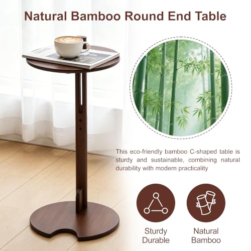 18–26" Height Adjustable Bamboo C-Shaped Side End Table for Sofa | Slides Under Couch; Round Solid Bamboo Top; Works as Laptop Desk & TV Tray; Space-Saving for Small Living Rooms and Bedrooms - color: Chestnut