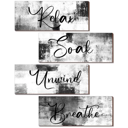 Maitys 4 Pcs Bathroom Wall Decor 10 x 4 Inch Bathroom Wall Art Contemporary Wood Restroom Pictures for Soak Unwind Relax Hanging Sign Spa Rustic Vintage Farmhouse Pediments(Black and White) - color: Black and White