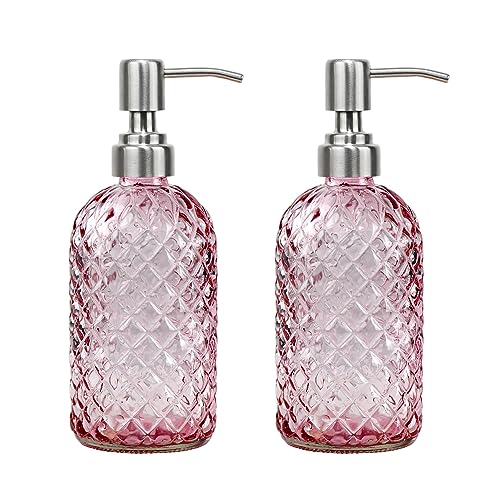 16 oz Soap Dispenser with 304 Rustproof Stainless Steel Pump, Kitchen, Bathroom Refillable Glass Liquid Soap Dispenser for Hand Soap, Soap, Lotion. (Pink-2pack) - color: Pink-2pack