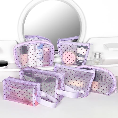 6 Pieces Zipper Mesh Makeup Bags Set, Nylon Cosmetic Bags Portable Clear Toiletry Bas Travel Organizer Bags for Office Travelling Organization (Purple Heart Printed, Assorted Size) - color: Purple Heart Printed