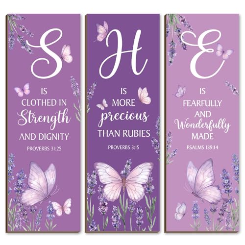 3Pcs Purple Christian Motivational Wooden Wall Decor for Women Purple Butterfly Wall Art Bible Verse Inspirational Home Decor Wooden Signs Religious Housewarming Gifts for Mom Bedroom & Office - style: Purple Christian