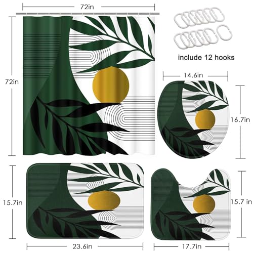 Boho Olive Green and Gold Shower Curtain Set with Toilet Lid Cover and Non-Slip Rugs, Mid Century Modern Abstract Minimalist Leaves Neutral 4 Pcs Shower Curtain for Bathroom Set with 12 Hooks - color: Rustic Green