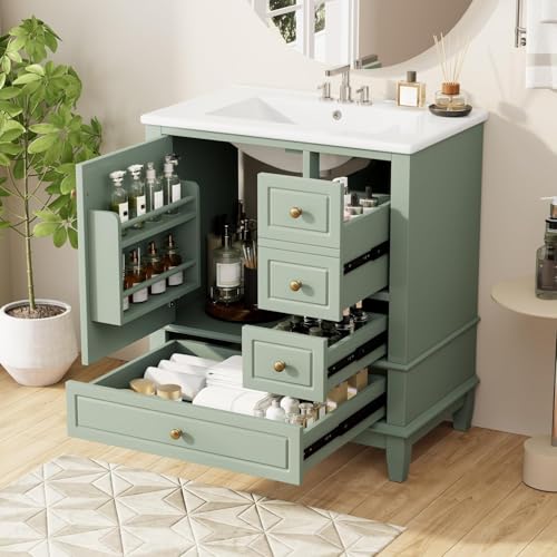 Linique 30" Bathroom Vanity with Sink Combo Set, Solid Wood Frame Bathroom Storage Cabinet with 3 Drawers, Soft Closing Cabinet Door with Organize, Light Green - color: Light Green, size: 30"/ Door with Organizer