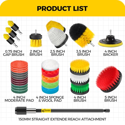 Holikme 30Pack Drill Brush Attachments Set,Scrub Pads & Sponge, Power Scrubber Brush with Extend Long Attachment All Purpose Clean for Grout, Tiles, Sinks, Car Polishing Pads,Bristle Discs - color: Yellow