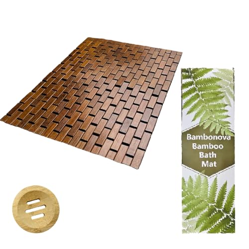 Bamboo Bath Mat Brown 24 x 16 Inches and Soap Dish Set Bathroom Rugs Non Slip Washable Bamboo Shower Mat Bathtub Mat Non Slip for Kitchen Sauna Spa Hot Tub Outdoor Bathroom Décor - color: Brown, size: 24x16