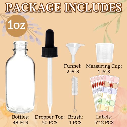 STARSIDE 48-Pack 1oz Clear Glass Leakproof Dropper Bottles | 30ml Dropper Bottles for Essential Oils & Crafts, Includes Funnel, Brush, Labels, Extra Droppers & Measuring Cup - color: 1oz-Clear-48pcs