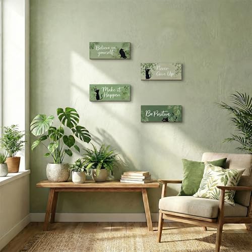 4Pcs Sage Green Office Decor for Women Inspirational Wooden Wall Decor for Office Home Sage Green Black Cat Wall Art Motivational Quotes Wooden Signs Set Positive Affirmations for Bedroom Work - style: Sage Green