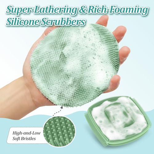 Silicone Bath Glove & Face Scrubber Set 2PCS, 360° Anti-Slip & Hand-fit Body Scrubber for Rich Foaming Deep Cleaning, Unique Facial Scrubber with Side-bristles for Contoured Areas.(Green) - color: Green Set