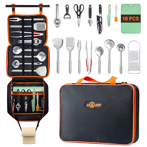 Gaialoop Portable Camping Cooking Utensils Set, Camp Kitchen Set with Organizer Bag, RV Essentials Outdoor Cooking Utensil Kit for Travel, Picnics, Camping, BBQs, Parties - style: 16pcs