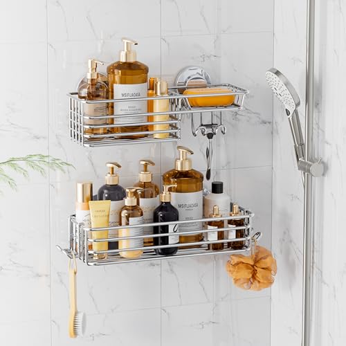 LEVERLOC Shower Caddy Suction Cup, 2 Pack Heavy Duty Bathroom Organizer for Inside Shower with Hooks & Soap holder, Removable and Rustproof Silver bathroom Holder Storage - color: 2 X Silver Basket