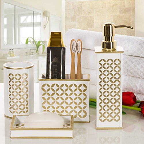 Creative Scents Diamond Lattice White & Gold 4 Piece Bathroom Accessories Set
