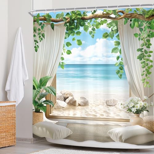 Newsely Ocean Beach Shower Curtain 72Wx72L Inch Beachy Blue Sea Coastal Summer Tropical Hawaii Nature Leaves Plant Bathroom Set Landscape Modern Chic Waterproof Bath Decoration Accessories Home Decor - color: B-01beach, size: 72"W x 72"L (Pack of 1)