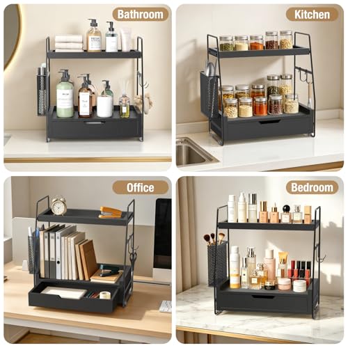 2-Tier Bathroom Counter Organizer with Drawer and Removable Basket, Wood Vanity Countertop Storage for Perfume, Makeup, Skincare, Bathroom Counter Shelf, 13" x 7.9" x 14.5", Black - color: Black