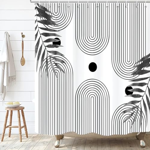 Boho Mid Century Modern Shower Curtain, Abstract Arch Leaf Minimalist Sun Black and White Machine Washable Waterproof for Bathroom Bathtub with Hooks 72x72 - color: Black and White Boho Leaves, size: 72"W x 72"L (Pack of 1)