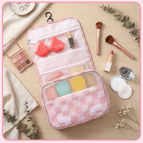 Pengxiaomei Toiletry Bag for Women, Pink Waterproof Hanging Cosmetic Bag Portable Makeup Pouch Multifunction Handle Travel Toiletry Bag for Teen Girl Gifts - color: Pink square