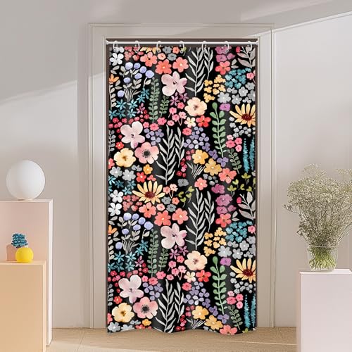 Riyidecor Small Stall Shower Curtain for Bathroom Decor 36Wx72H Rv Narrow Half Single Floral Stand Up Colorful Black Flowers Leaves Art Printed Fabric Polyester Waterproof 7 Pack Plastic Hooks - color: E-black, size: 36"W x 72"L (Pack of 1)