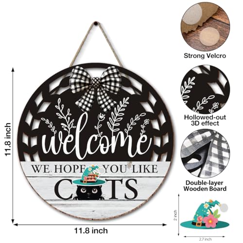 Interchangeable Seasonal Welcome Hanging Sign - Farmhouse Front Door Decoration for Holidays - Rustic Round Wood Wreaths with 12 Icons – Welcome Cat Lover(White) - color: catswhite