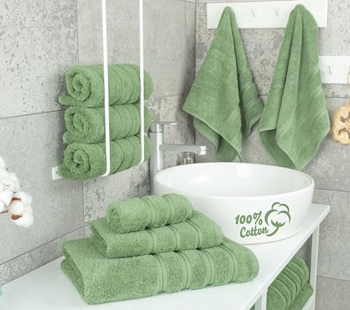 American Soft Linen 100% Cotton Luxury Turkish Towels, 6 Piece Towel Set | Soft Absorbent Quick Dry OEKO Tex Standard 100 Certificated Durable Machine Washable Breathable Premium Hotel Quality - color: Sage Green, size: 6PC (2BT + 2HT + 2WC)